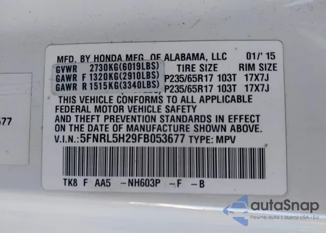 2015 Honda Odyssey Lx z USA, uszkodzony, nr VIN 5FNRL5H29FB053677